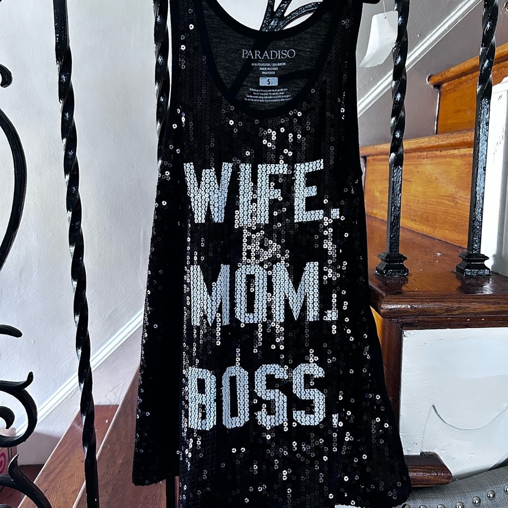 WIFE. MOM. BOSS. BLACK SEQUINED TANK TOP